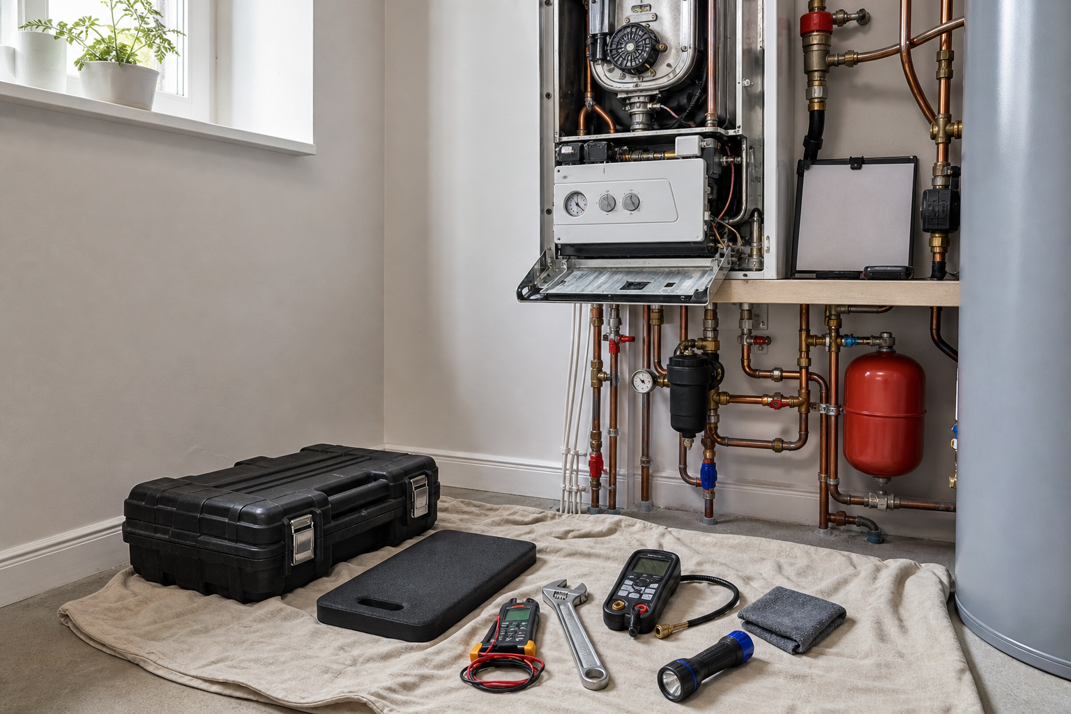 Open boiler system with maintenance tools and toolbox on a cloth-covered floor.