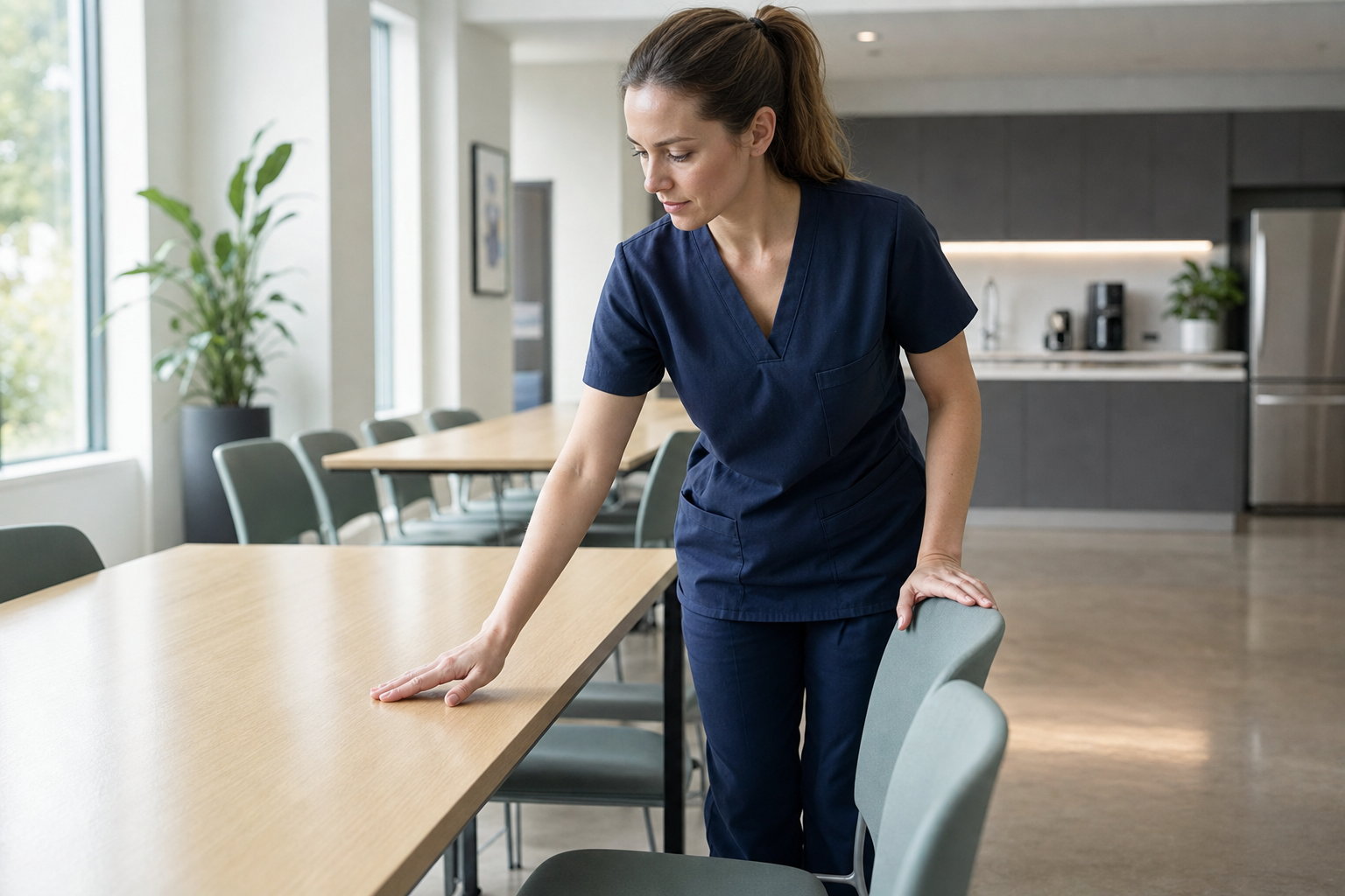 A woman in scrubs cleans a table in a modern cafeteria setting.