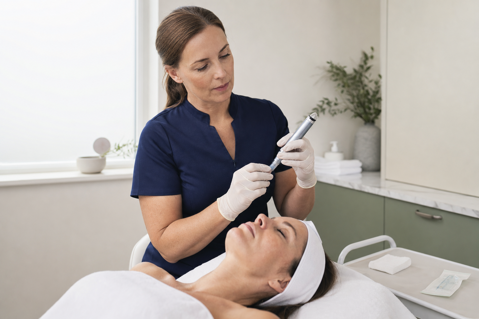 Aesthetician in a blue uniform performs a facial treatment on a relaxed woman in a spa setting.