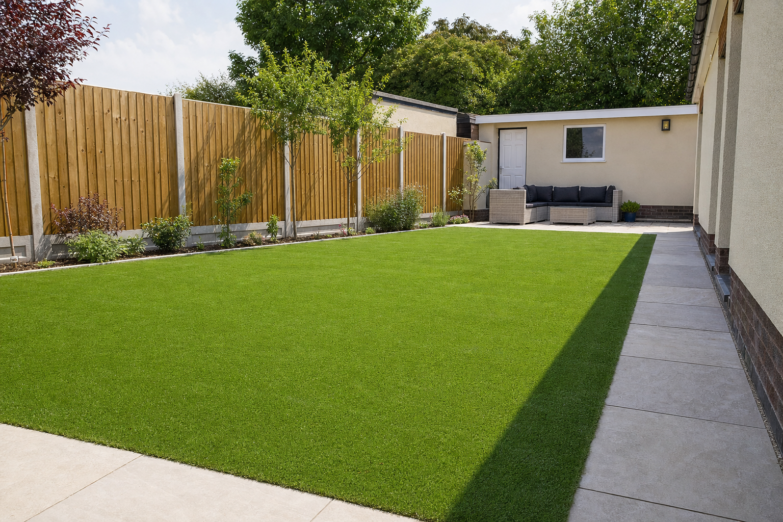 Garden with lush artificial grass, a concrete patio, wooden fencing, and a grey outdoor seating area near a building.
