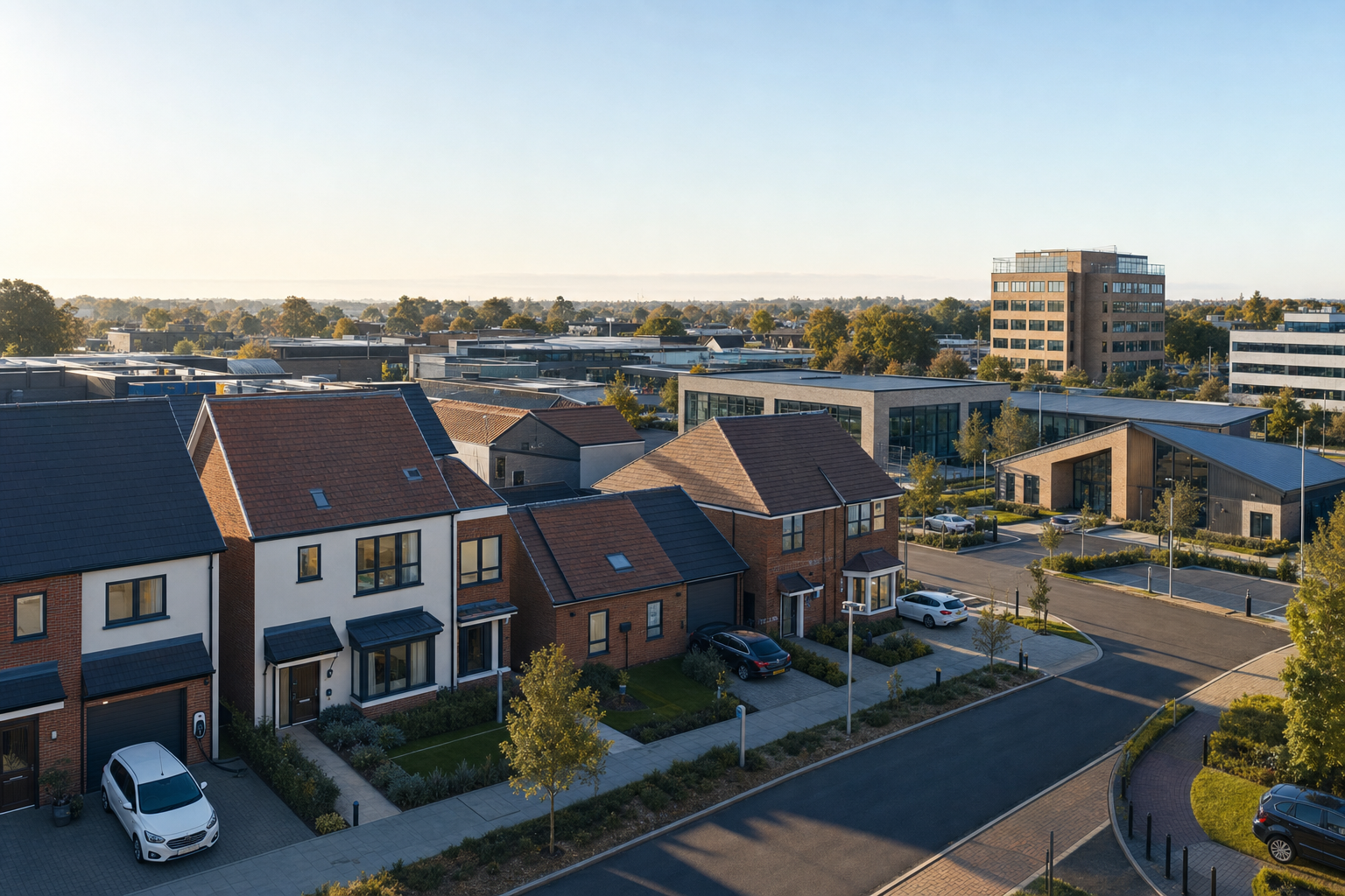 Modern residential neighbourhood with parked cars and distant office buildings under a clear sky.