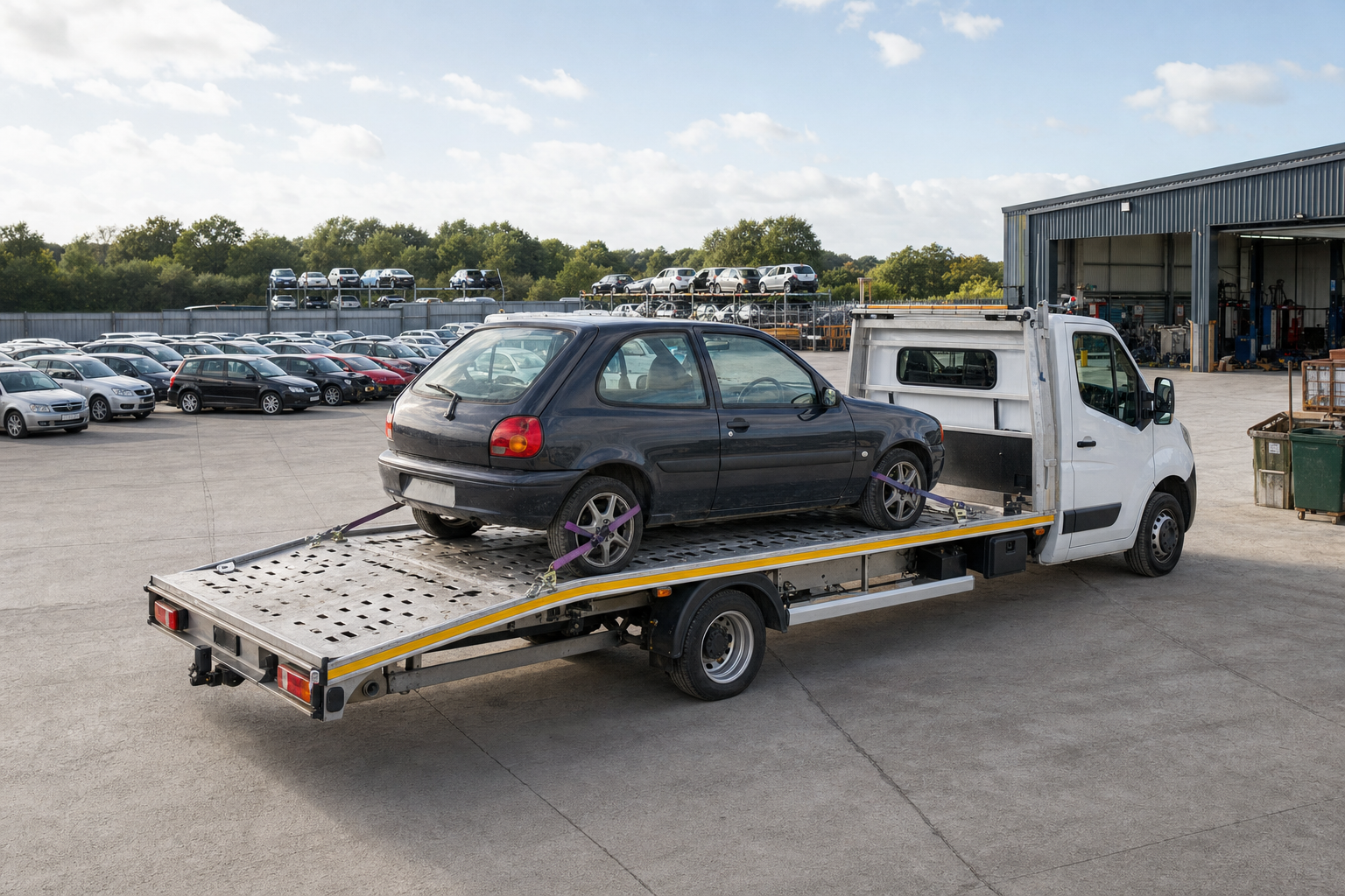 A black car is secured on a flatbed recovery truck near a building and a car park under a blue sky.