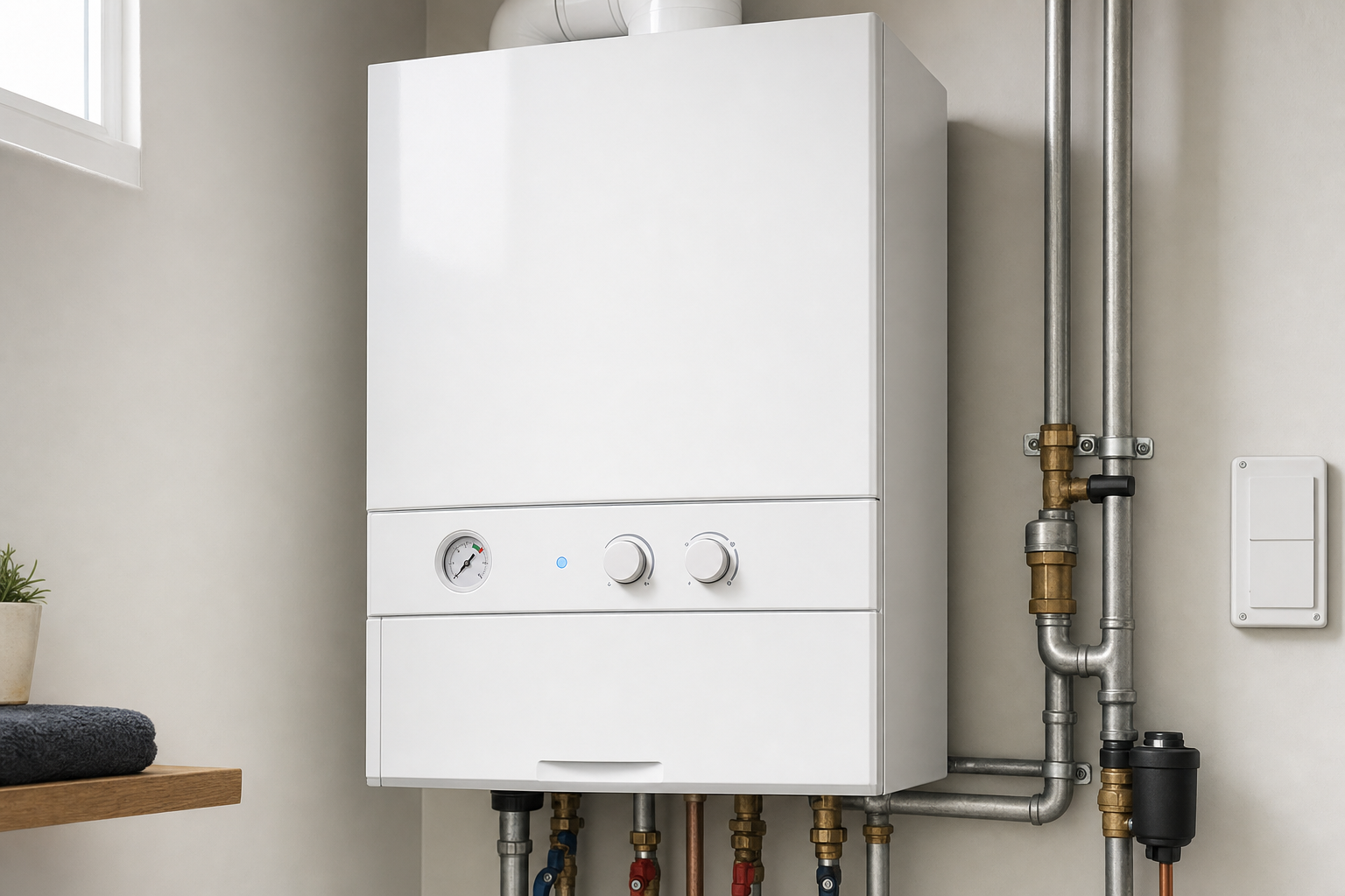 A modern white gas boiler with dials and pipes installed on a wall next to a small shelf and window.