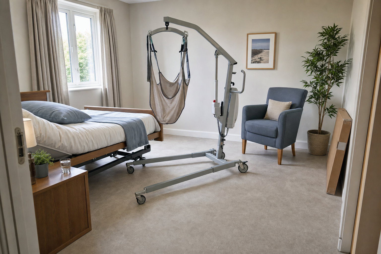 A hospital bed with a hoist in a stylish, well-lit room featuring a cosy armchair and potted plant.