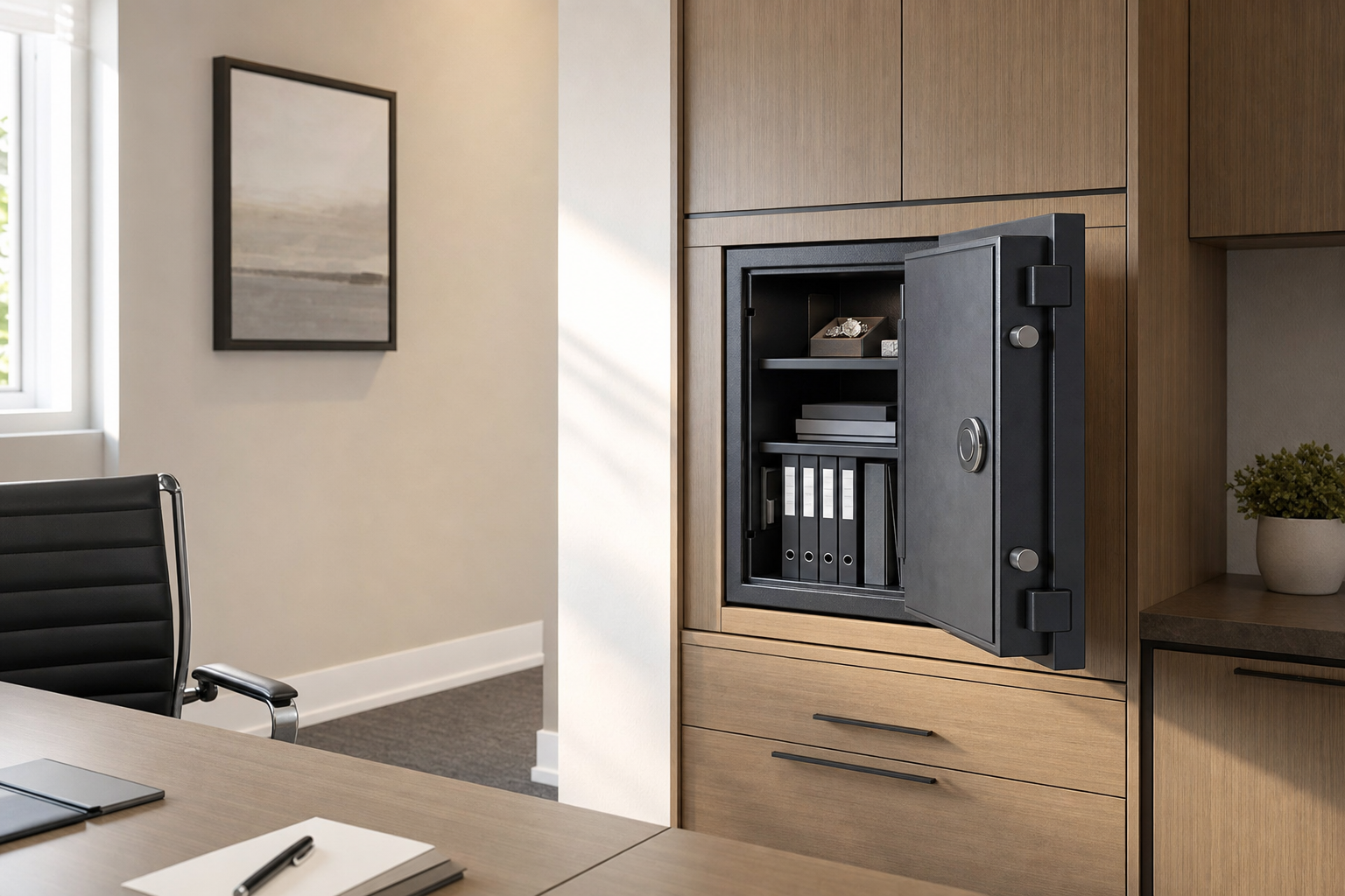 An open safe embedded in an office wooden cabinet containing documents and jewellery.