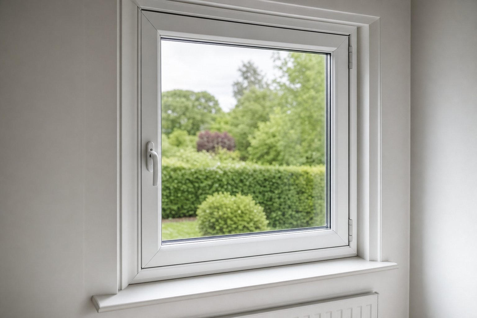 White-framed window overlooking a lush green garden with neatly trimmed hedges.