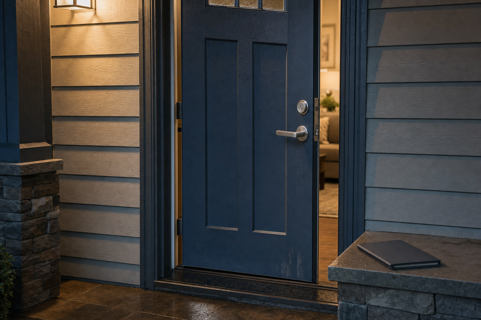A partially open blue front door with a lit cosy interior and a closed laptop resting on a stone bench outside.
