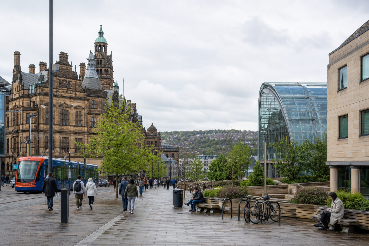Pedestrians walk along a city street by historic and modern buildings, with a tram and bicycles visible under a cloudy sky.