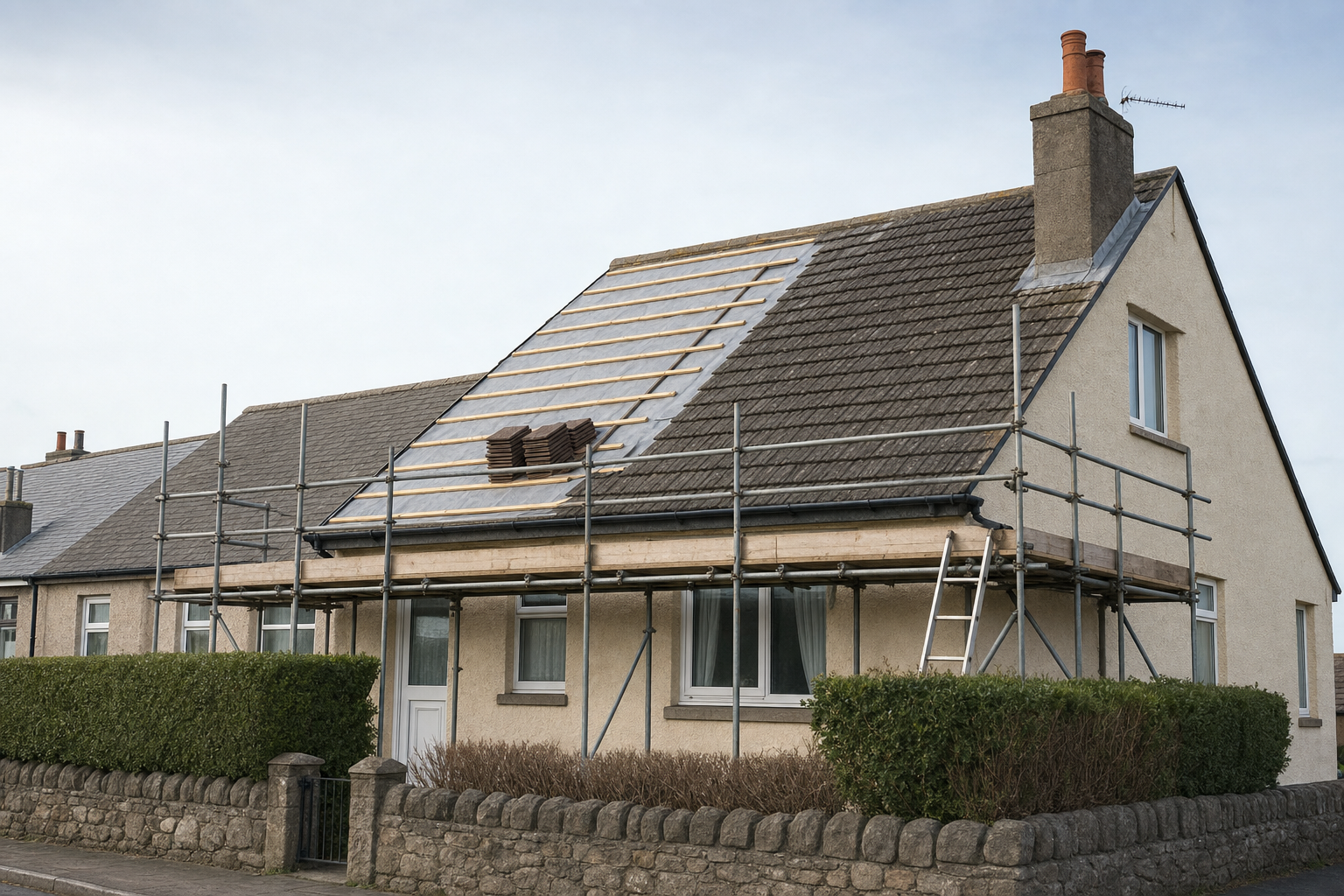 House with scaffolding undergoing roof replacement, showing partially removed tiles and stacked new ones.