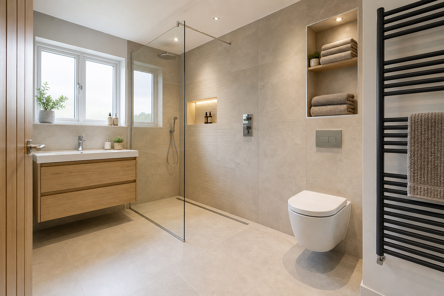 Modern bathroom with a walk-in shower, floating sink, wall-mounted toilet, towel rack, and shelving with neatly stacked towels.