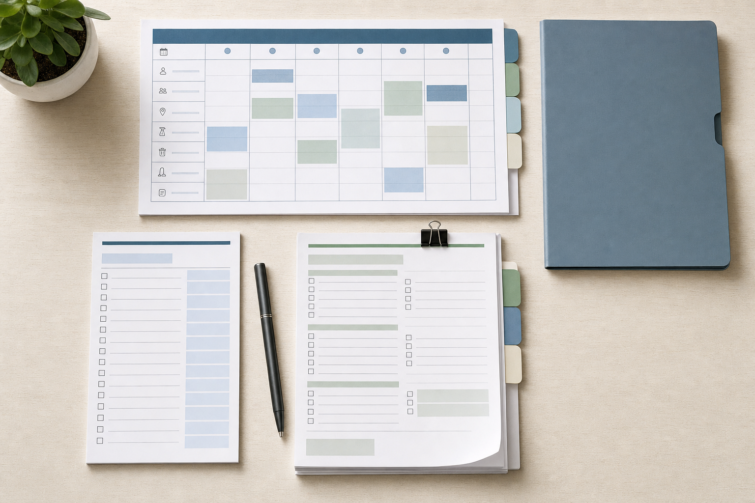 Organised desk with a planner, notebook, pen, and potted plant on a beige surface.