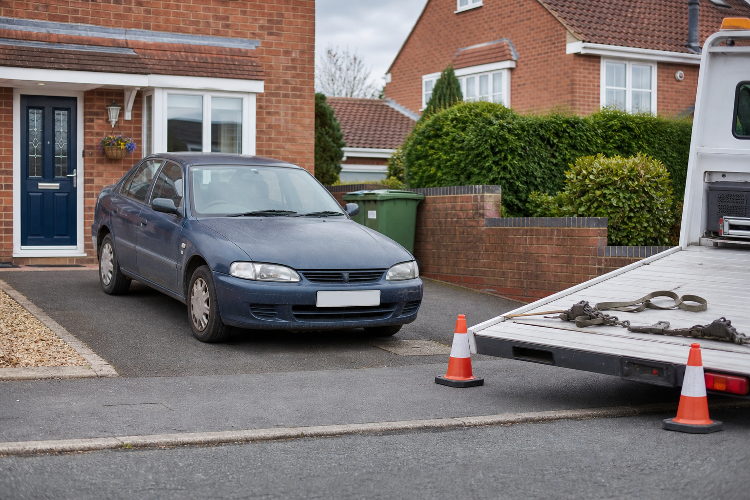 Car parked in a driveway with a tow truck and traffic cones nearby.
