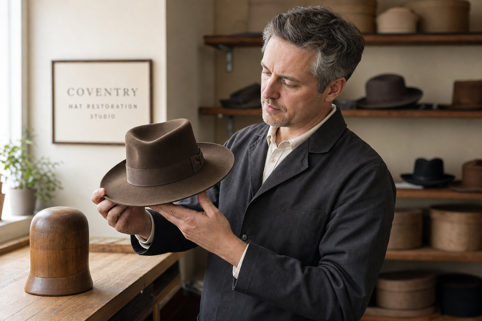 Man examines a brown fedora in a hat restoration studio.
