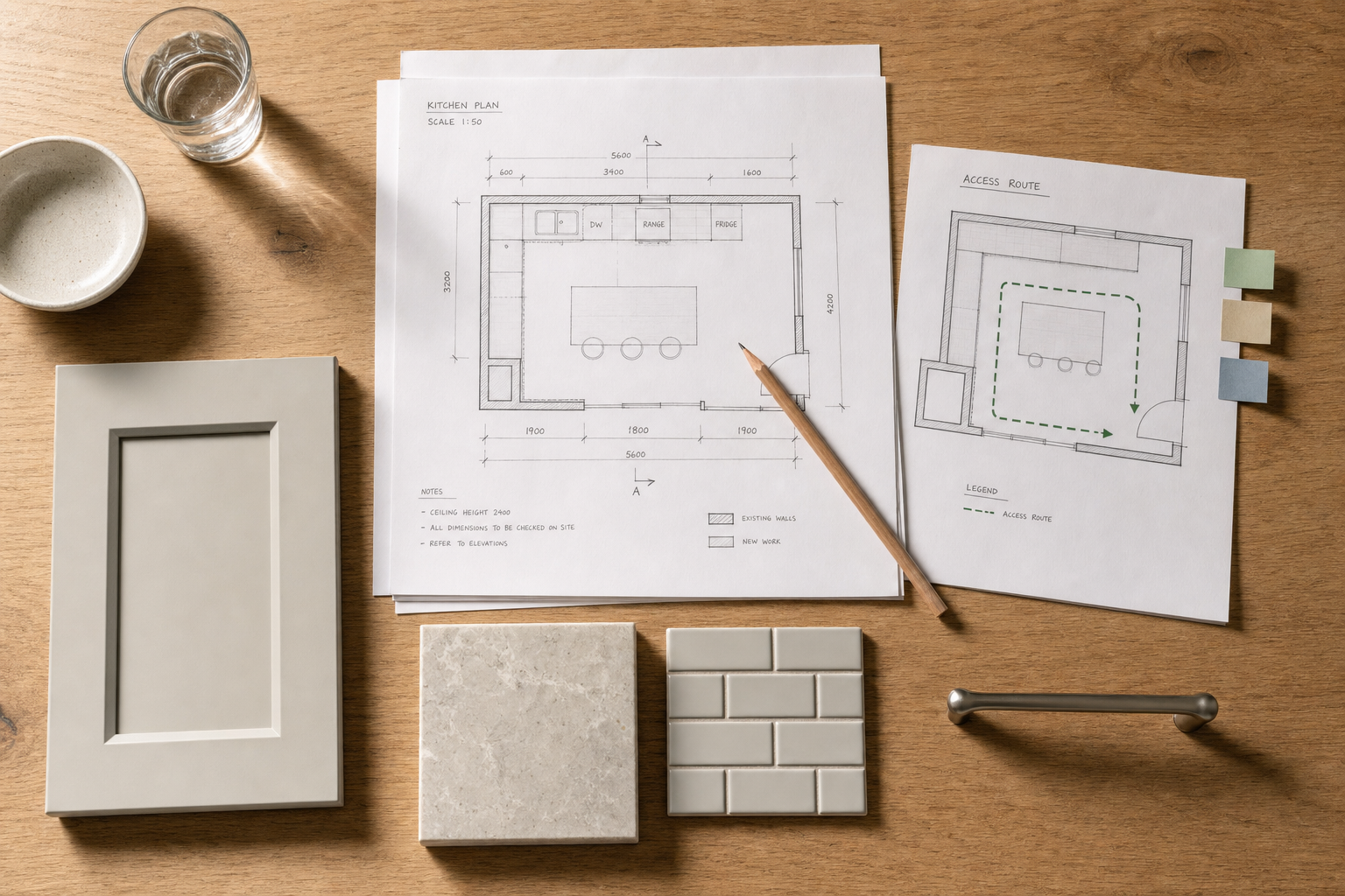 Kitchen design plans with samples of cabinet door, tiles, and handle on a wooden table.