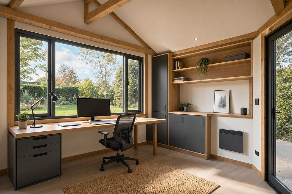 Modern home office with a wooden desk, computer, chair, and large window overlooking a garden.