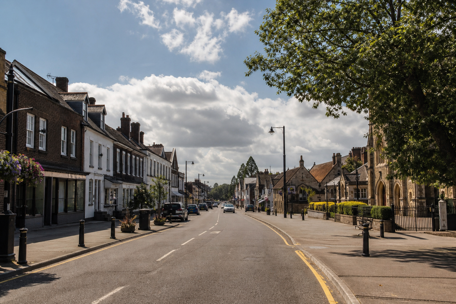 A quiet street lined with historic buildings under a partly cloudy sky.