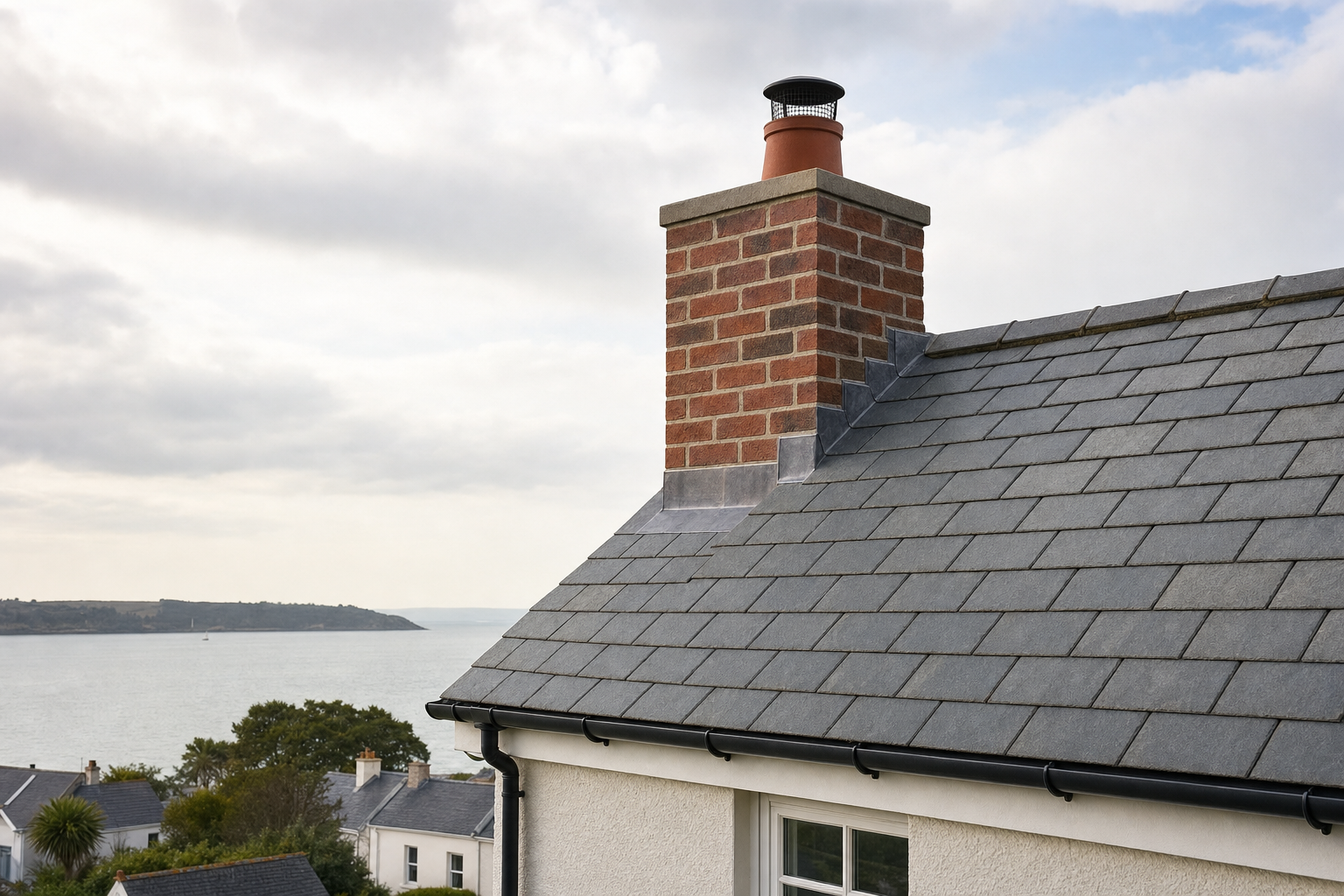 Brick chimney on a slate roof overlooking a coastal view with houses and distant hills.
