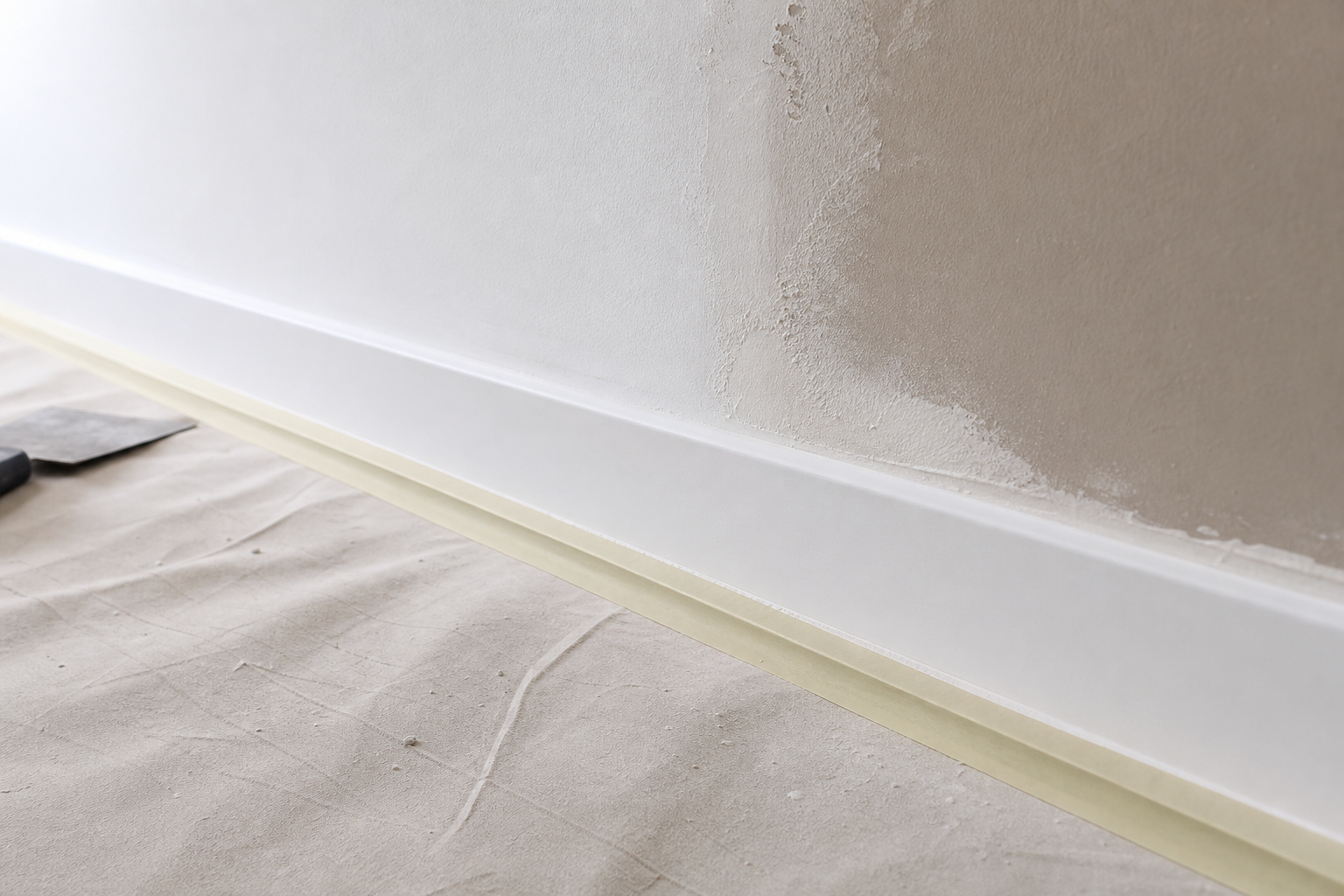A newly installed skirting board is protected with masking tape during wall plastering, with a dust sheet covering the floor.