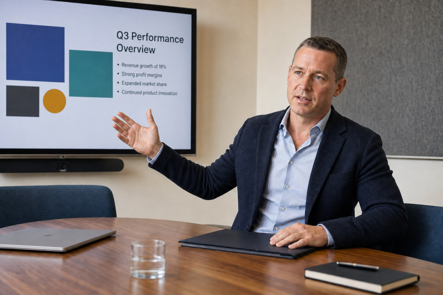 Businessman presenting a Q3 performance overview with a projection screen displaying key metrics in a meeting room.