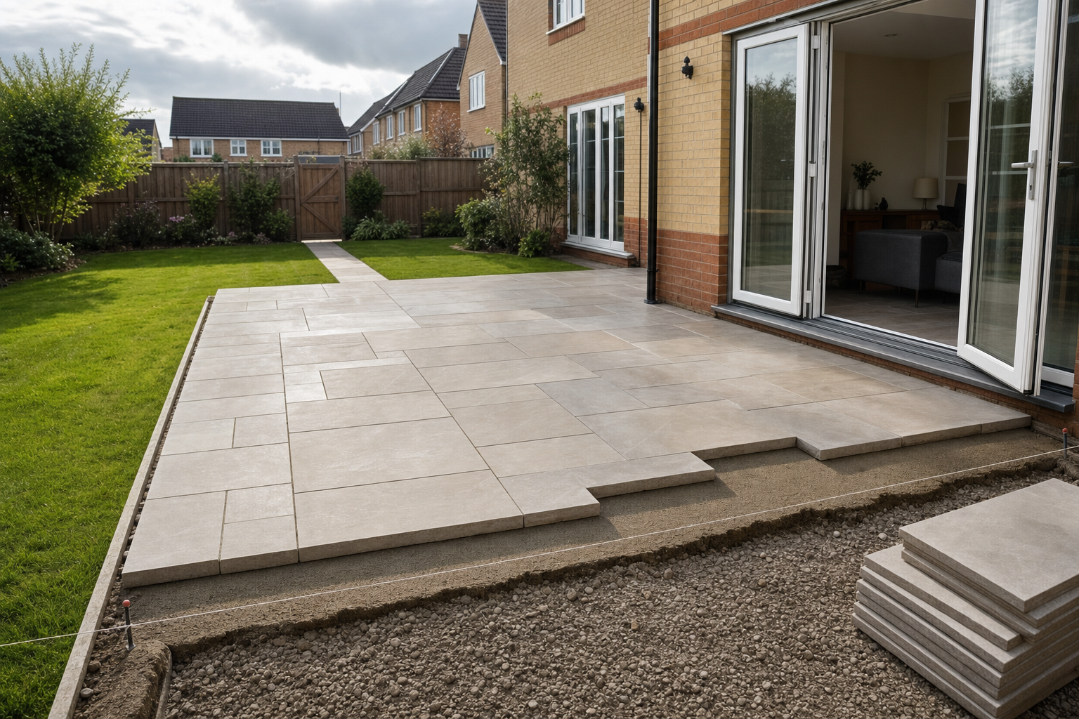 A newly installed patio with beige paving slabs extends from a modern house into a neatly kept garden.