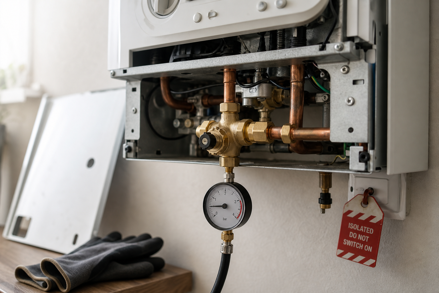 Close-up of a boiler with exposed plumbing and a pressure gauge, alongside a "Do Not Switch On" warning tag.
