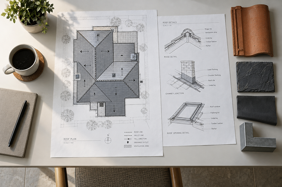Architectural roof plan and details are displayed on a desk with tiles, a notebook, pen, coffee, and a plant.