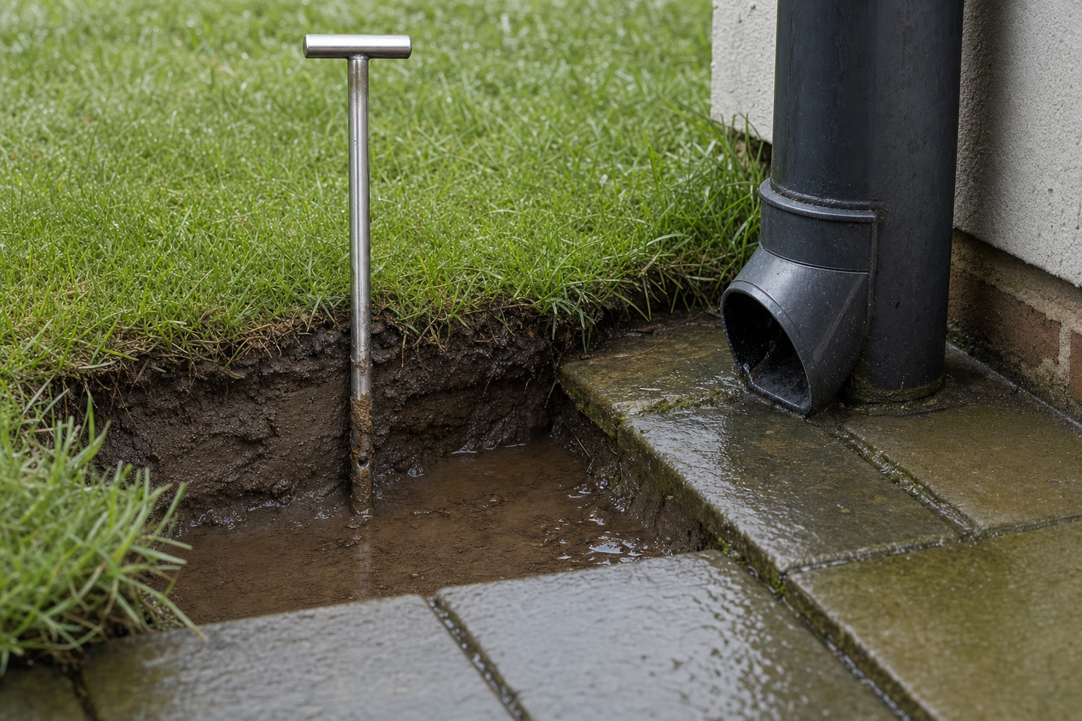 A metal drainage tool stands upright beside a small trench in a grassy area next to a downpipe.