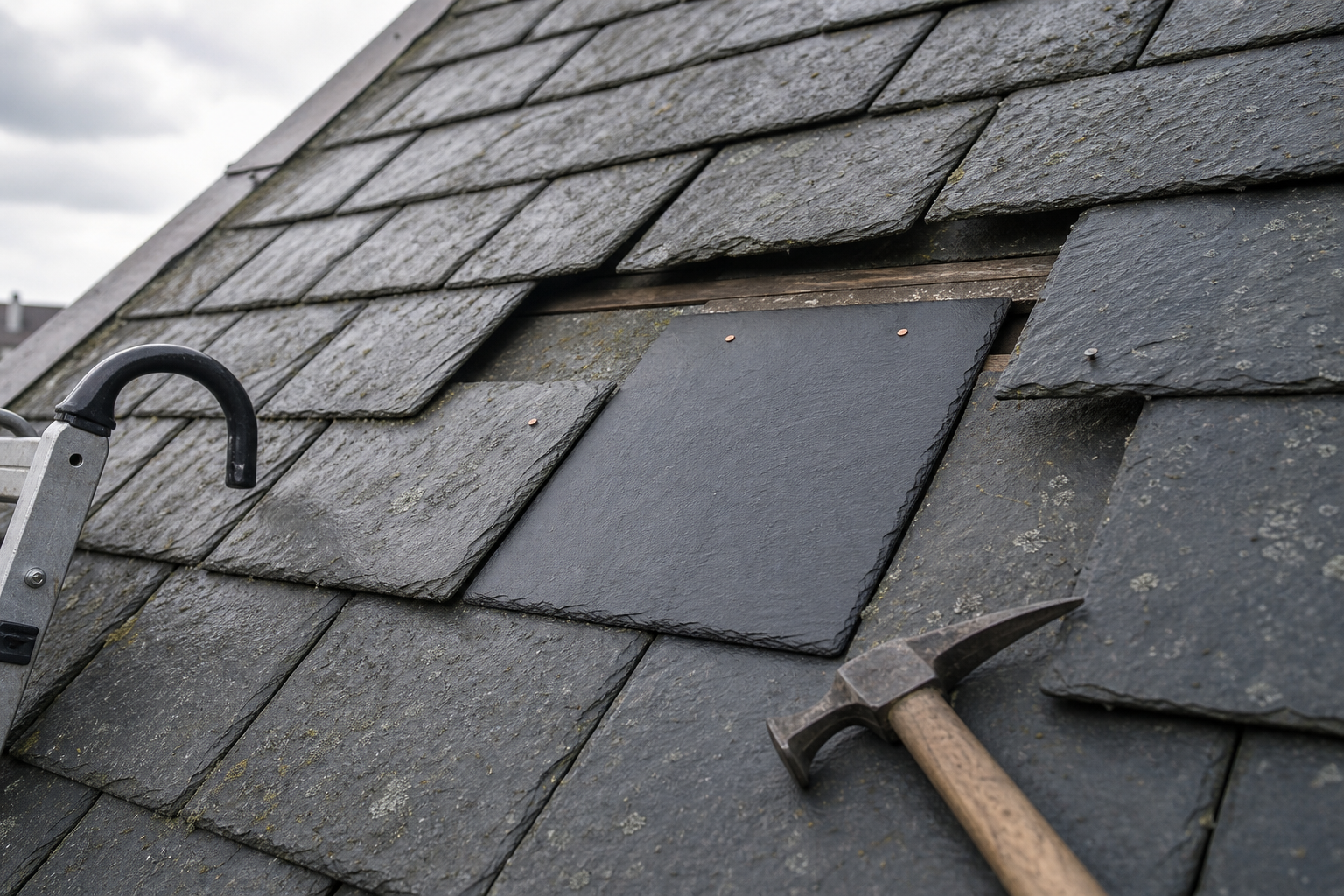 A slate roof being repaired, with a new slate tile partially installed alongside a hammer and a ladder.