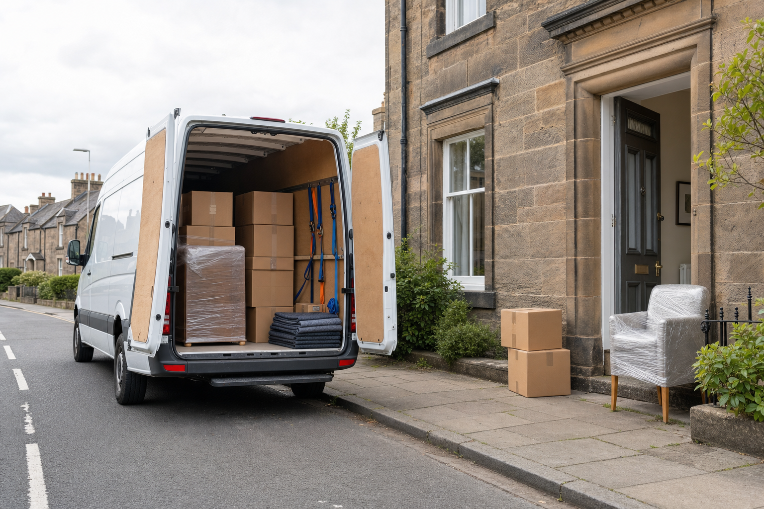 A white moving van with open doors is parked on a residential street outside a stone house with packages ready for unloading.