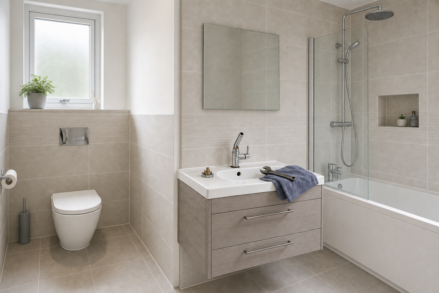 Modern bathroom with beige tiles, featuring a wall-hung toilet, vanity unit, and a glass-panelled shower over the bathtub.