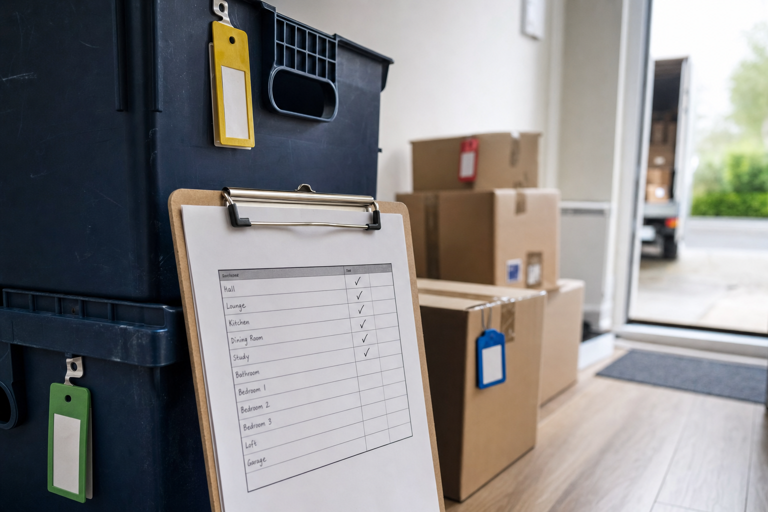Moving checklist on a clipboard beside packed boxes and crates in a home entrance, with a removal van outside.