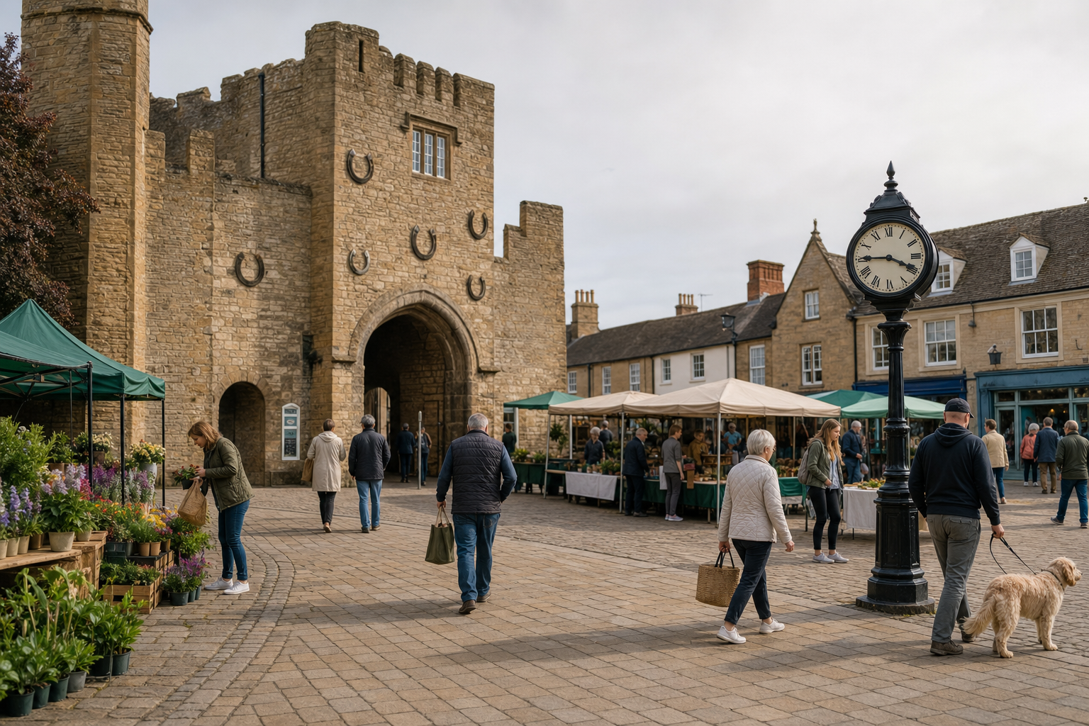 Market stalls and shoppers in front of a historic stone gatehouse with a clock tower and cobblestone pathway.
