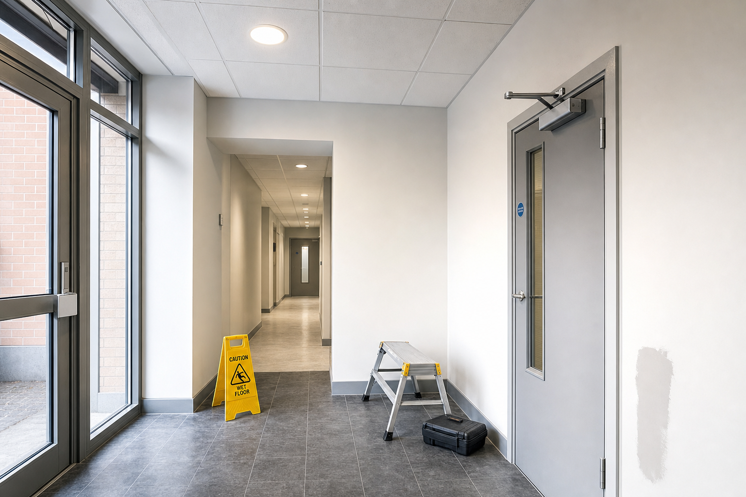 Modern hallway with a wet floor sign, a step ladder, and a toolbox next to a closed door.