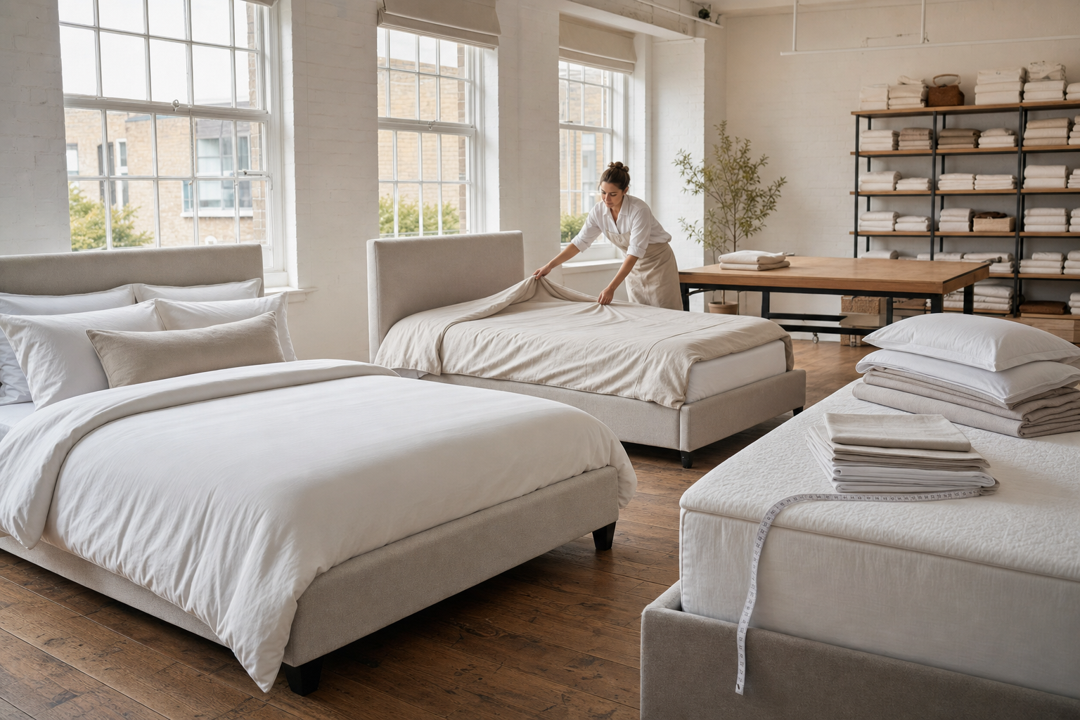 A woman arranges bedsheets in a sunlit room with neatly stacked linens and large windows.