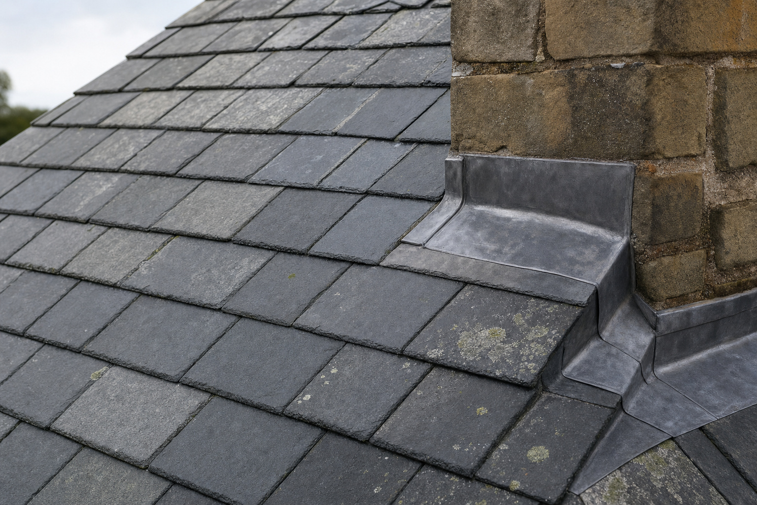Slate roof with metal flashing surrounding a stone chimney, showing lichen growth on some tiles.