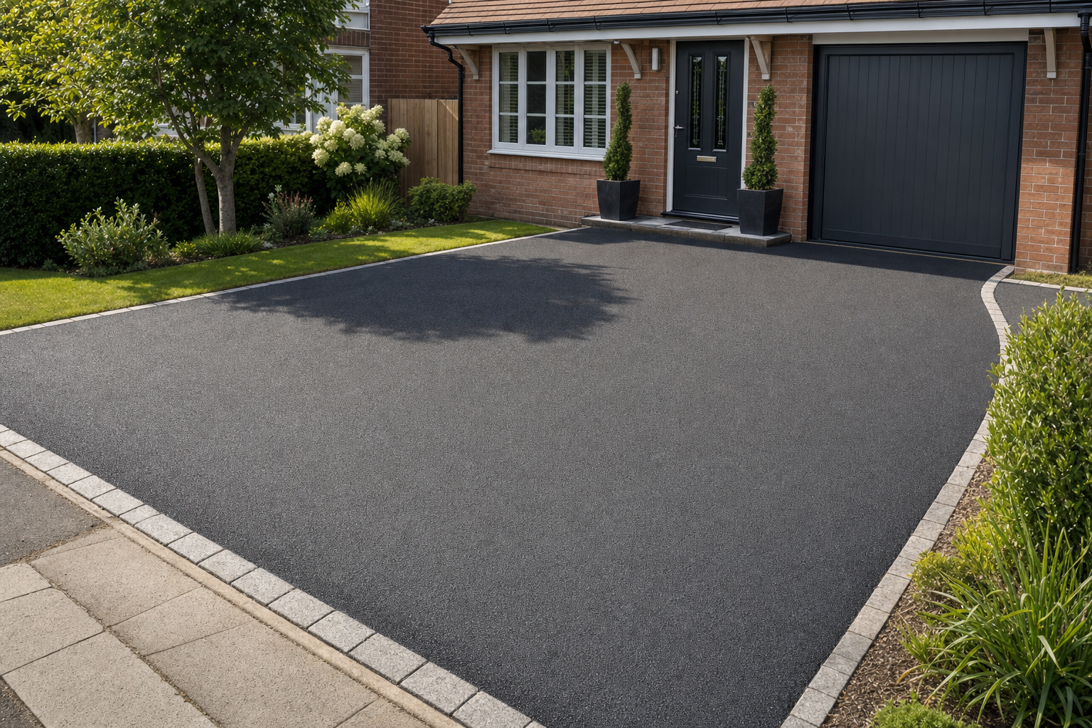 Newly laid tarmac driveway in front of a modern brick house with a garage and garden plants.