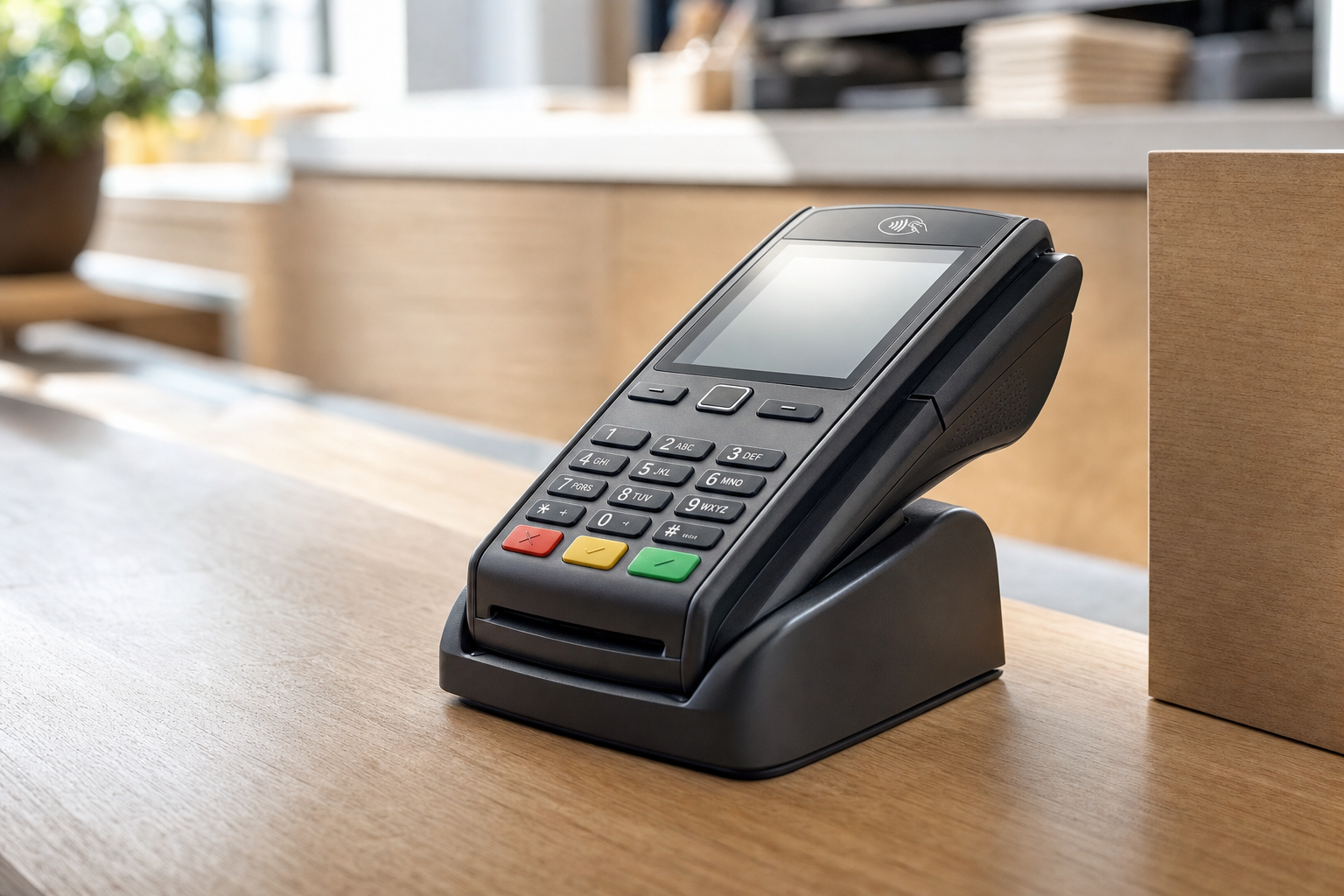 Contactless card reader on a wooden counter in a modern retail setting.