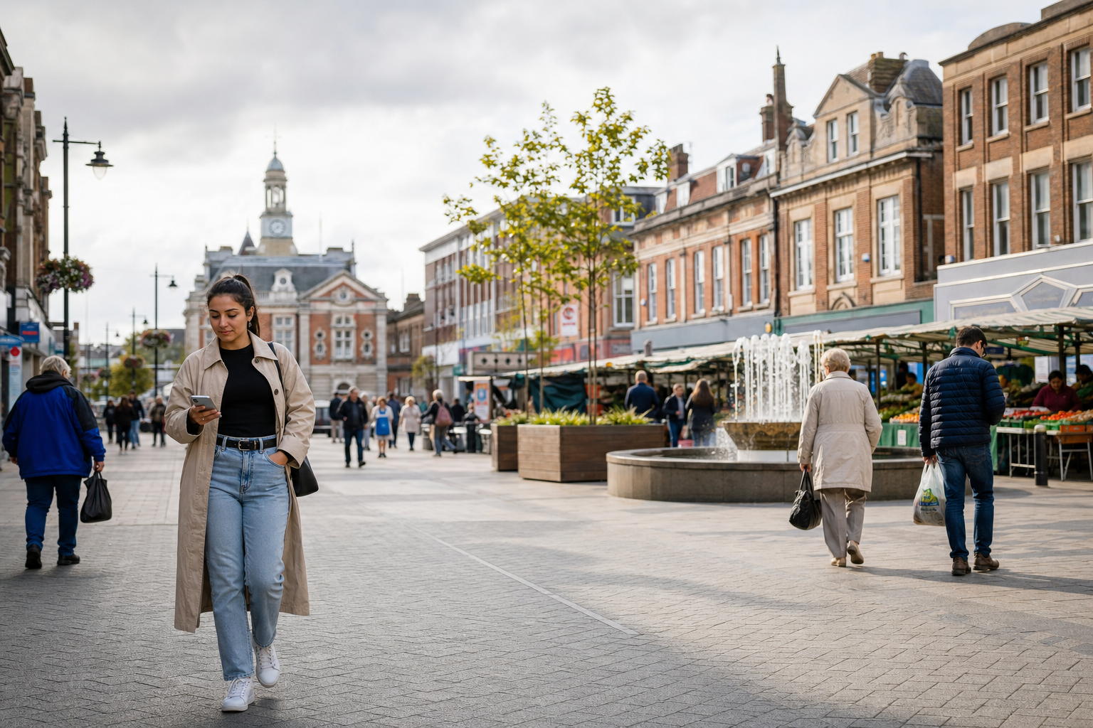 A woman in a beige coat walks in a busy town square, browsing her phone, with a fountain and market stalls in the background.