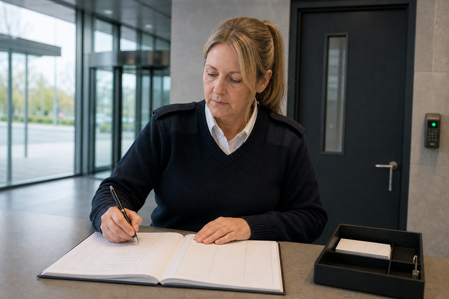 A woman in uniform is signing a logbook at a reception desk with glass doors in the background.