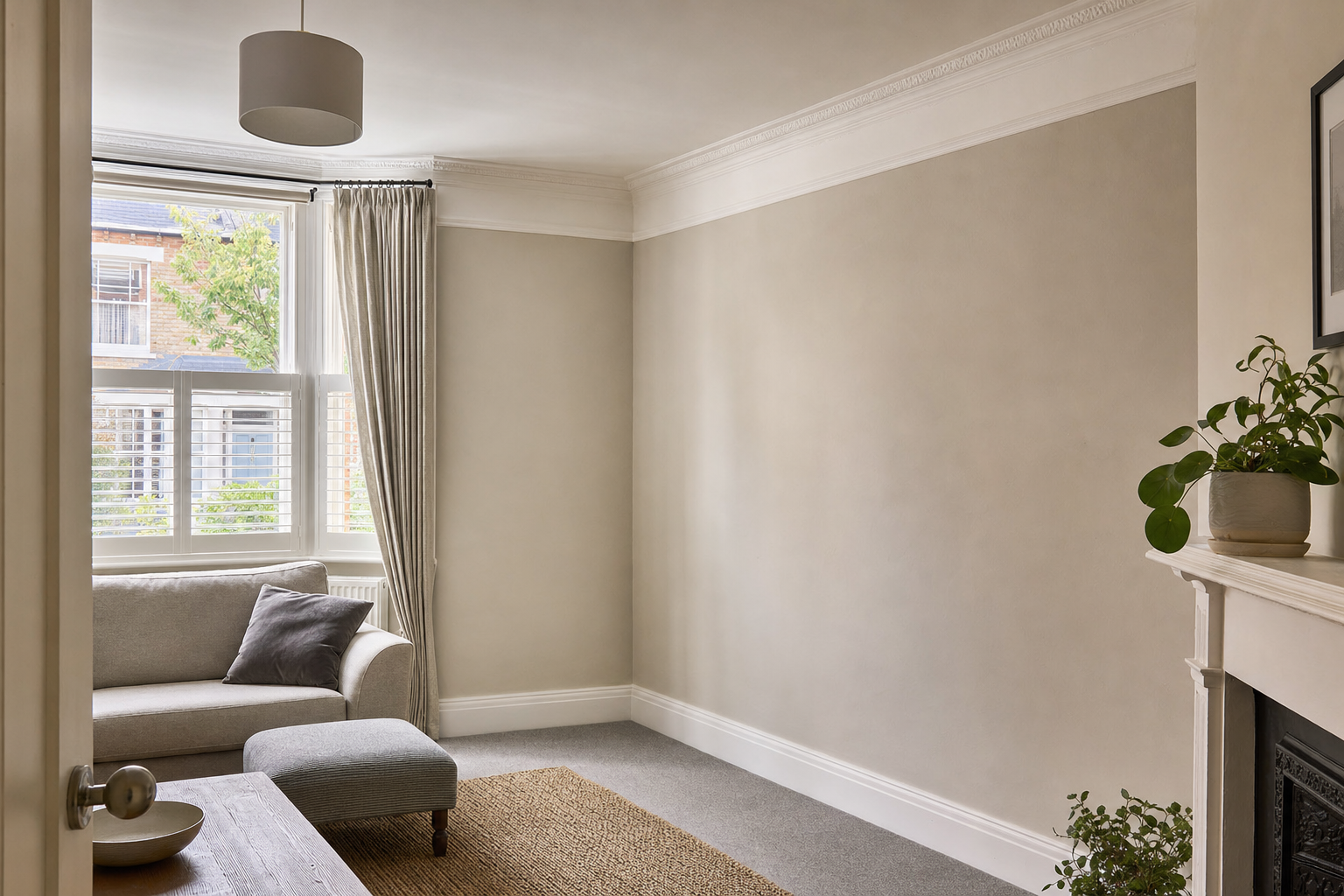A minimalist living room with a grey sofa, large window, potted plant on the mantelpiece, and neutral walls.