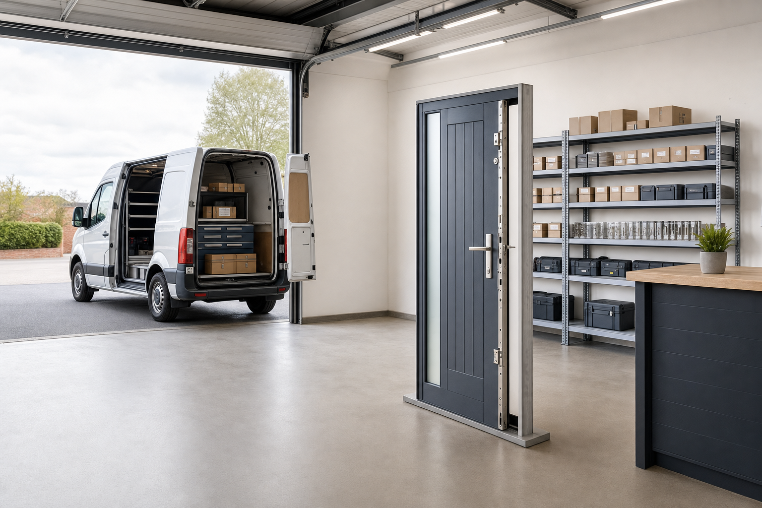 A delivery van is parked in a warehouse with an open back door revealing boxes beside a grey metal door on display.