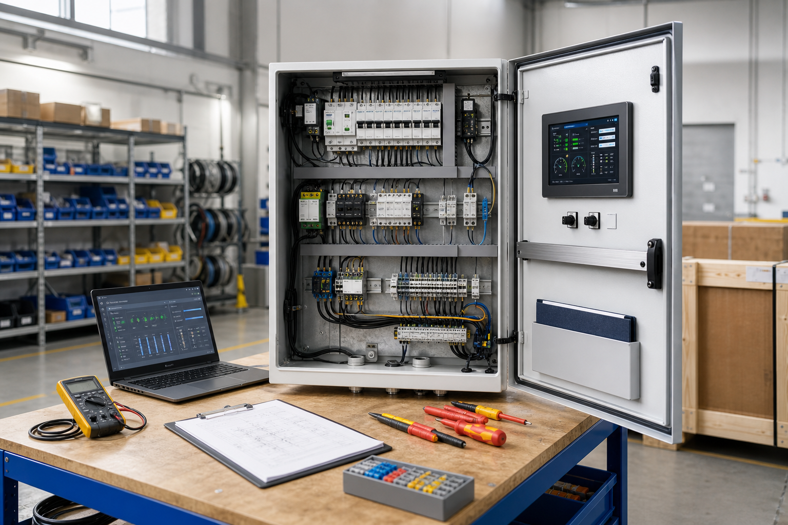 Industrial control panel setup with tools, laptop, and diagrams on a workbench.