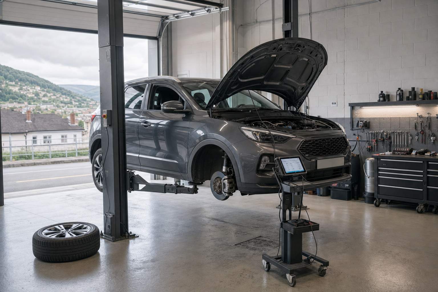 A grey car with the bonnet open is elevated on a hydraulic lift in a garage for repair, with a detached wheel nearby.