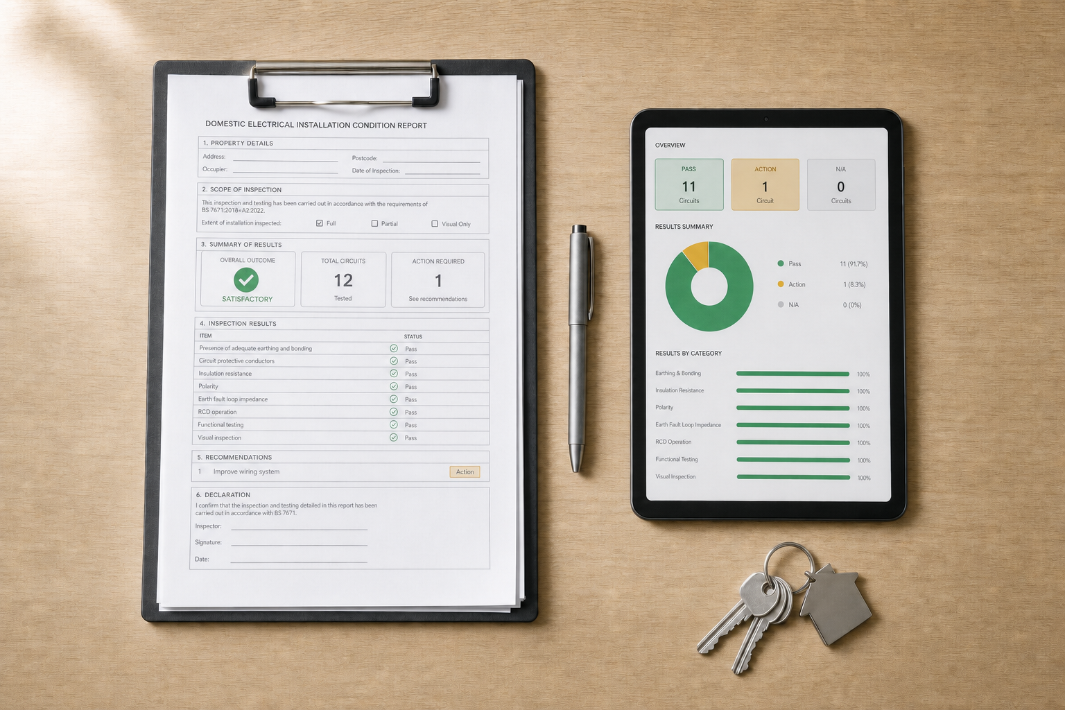 A clipboard with an electrical installation report and a tablet displaying results lie on a wooden desk with keys and a pen.