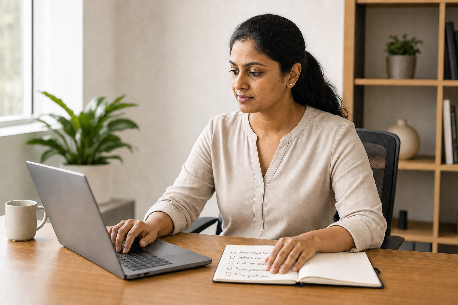Woman working on a laptop at a desk with a notebook and a potted plant nearby.