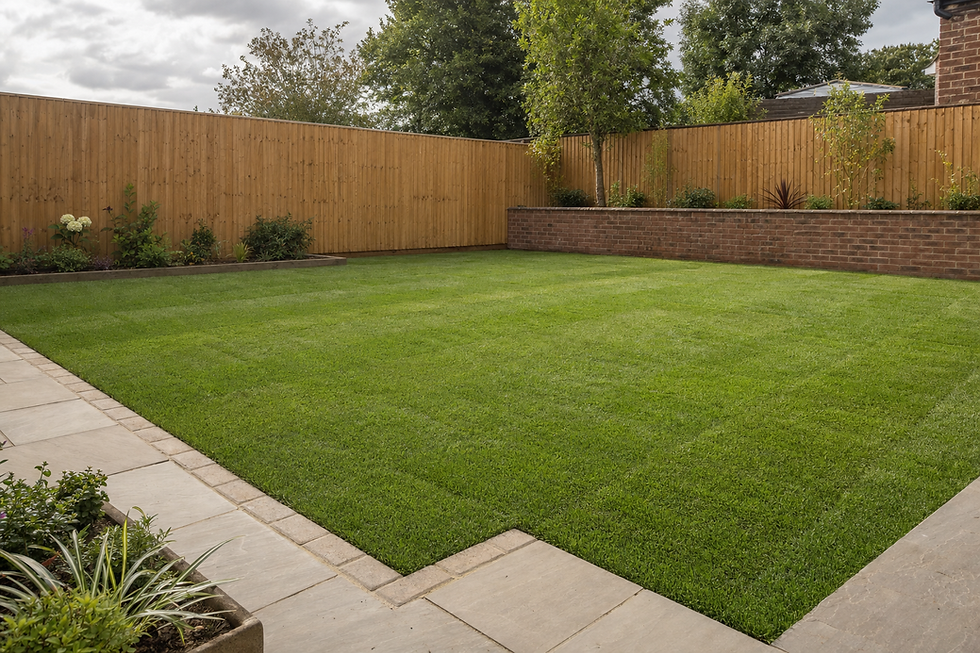 A well-maintained garden with a neatly cut lawn, bordered by a wooden fence and small flower beds.