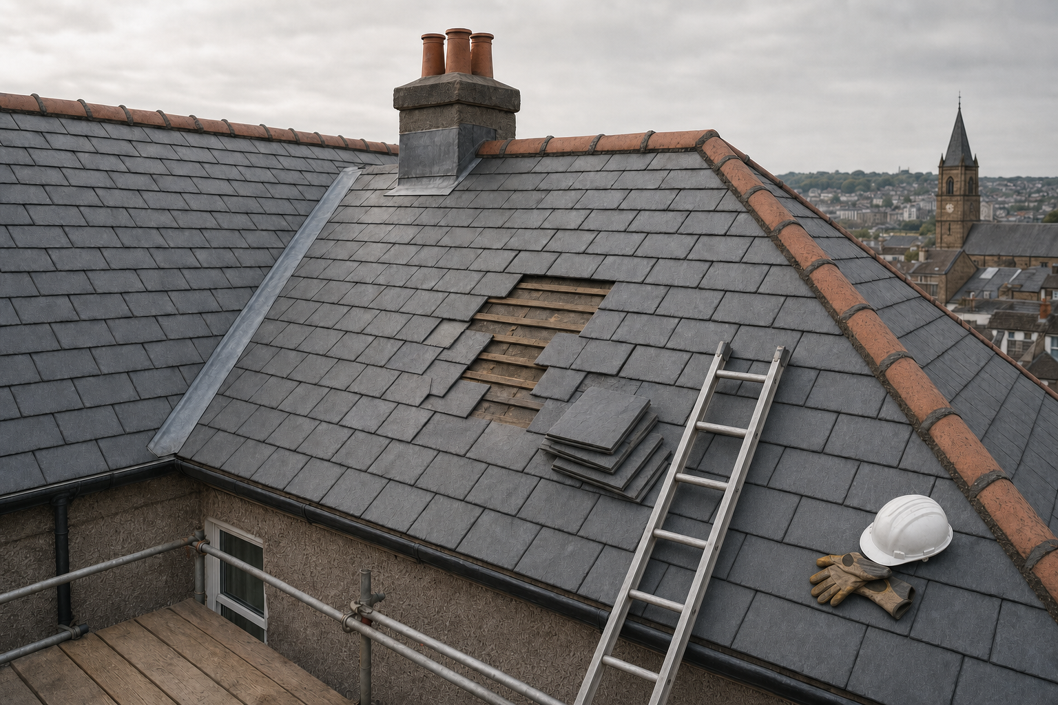 Roof undergoing repair with a ladder, missing slate tiles, a white hard hat, and gloves visible, overlooking a distant church.