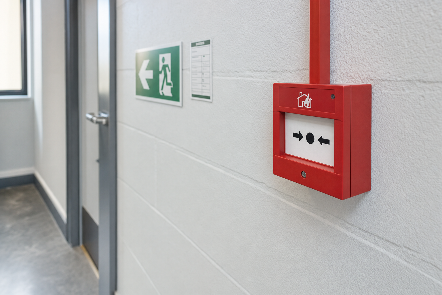 Red fire alarm on a corridor wall near a grey door and an emergency exit sign.