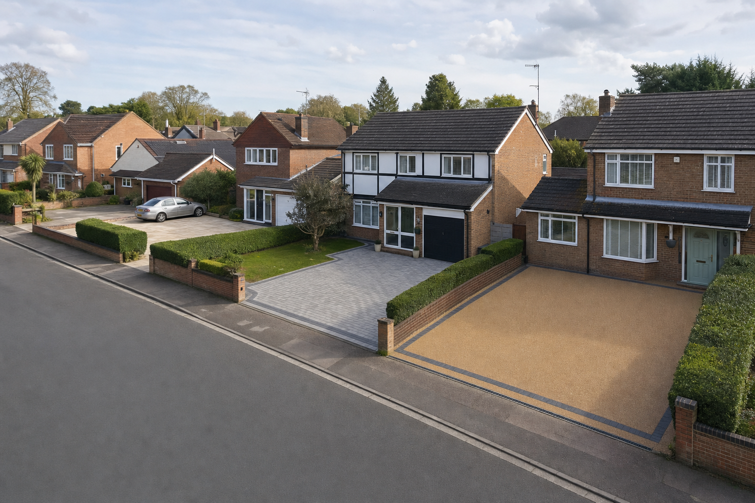 Suburban street with modern detached houses featuring neatly landscaped gardens and driveways.