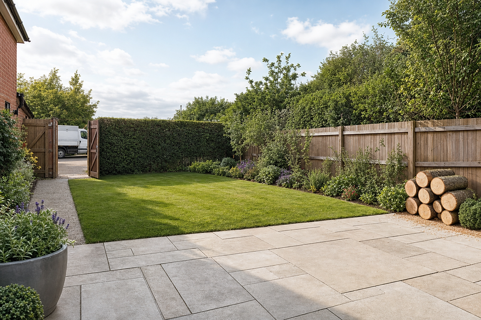 A neatly landscaped garden with a lawn, paving stones, and a stack of firewood next to a fence under a partly cloudy sky.